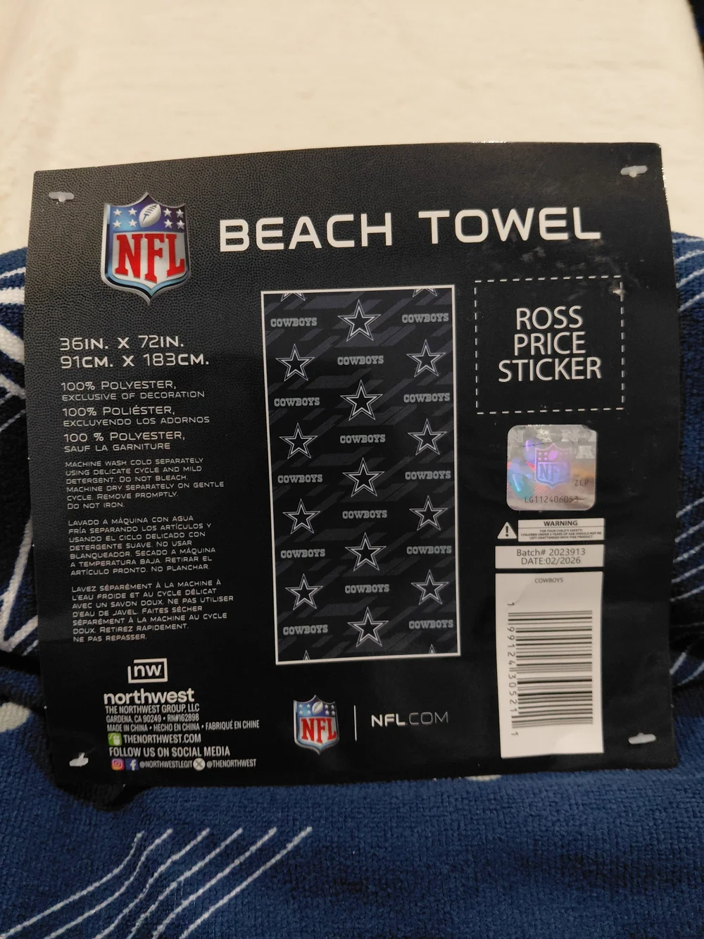 NWT Dallas Cowboys Navy Beach Towel - Official NFL Team Design